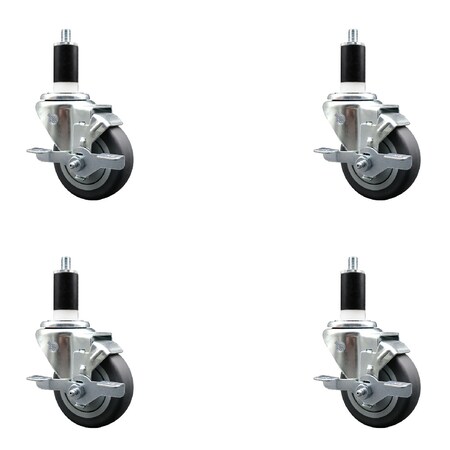 Service Caster 3.5'' SS Thermoplastic Rubber Swivel 1-3/8'' Expanding Stem Caster Set with Brake, 4PK SCC-SSEX20S3514-TPRB-TLB-138-4